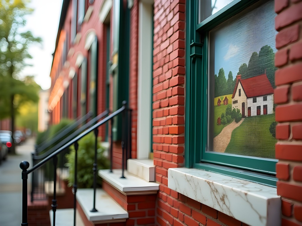 Traditional painted screens on rowhouses in Hampden neighborhood Baltimore
