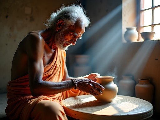 Traditional potter working at wheel in Pottery Town Bangalore creating terracotta vessels