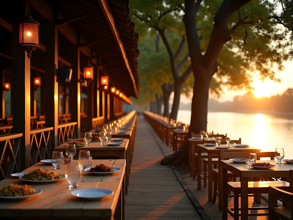 Atmospheric riverside restaurant with lanterns along the Sangkae River at sunset