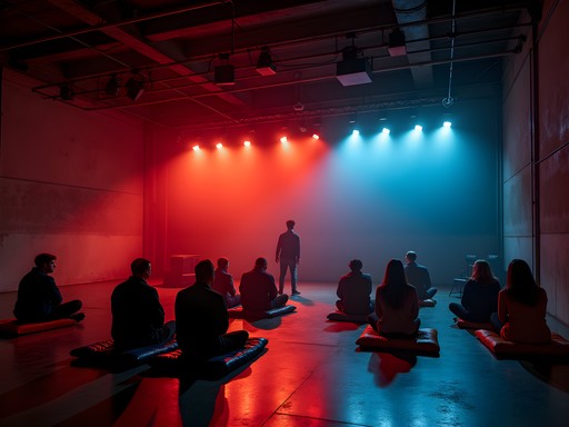 Experimental performance art venue interior in Berlin with dramatic lighting