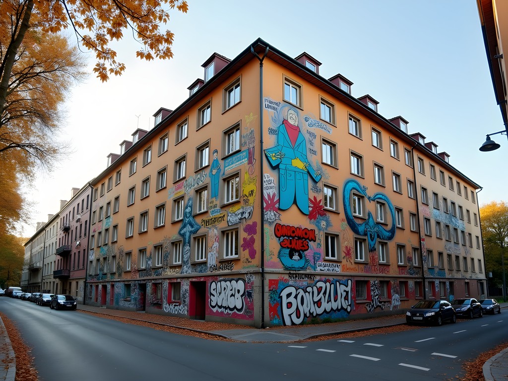Layered street art murals on building wall in Kreuzberg district Berlin