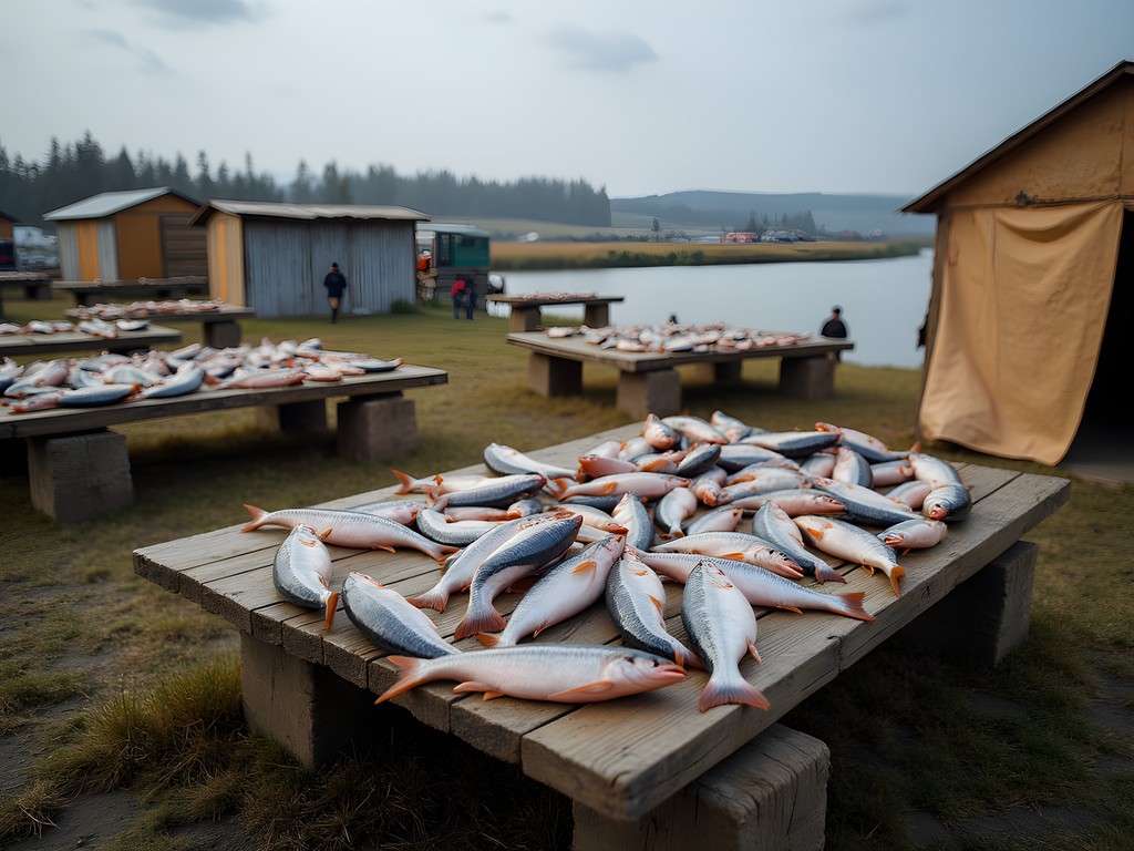 Traditional Yup'ik fish camp with salmon drying racks along Kuskokwim River