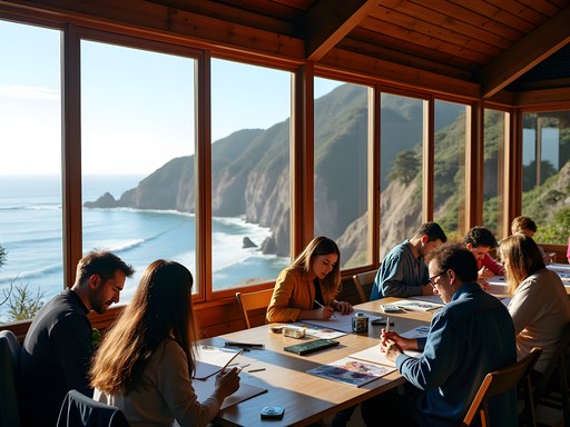 Art workshop at Esalen Institute with participants creating while overlooking the Pacific Ocean