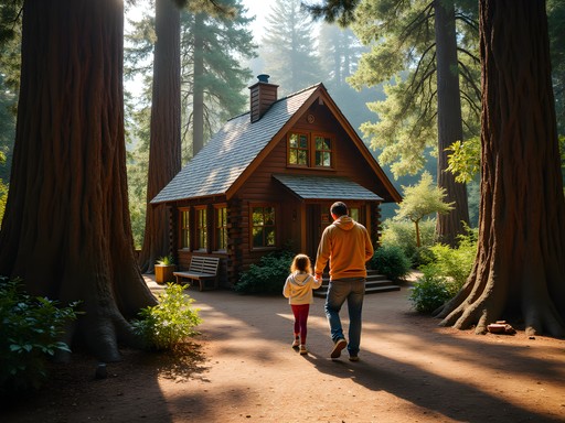 Father and daughter exploring the Henry Miller Memorial Library surrounded by redwood trees in Big Sur