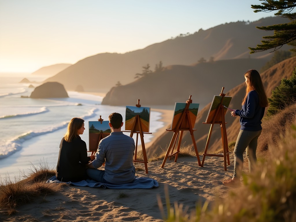 Couples participating in plein air painting workshop overlooking Pfeiffer Beach in Big Sur
