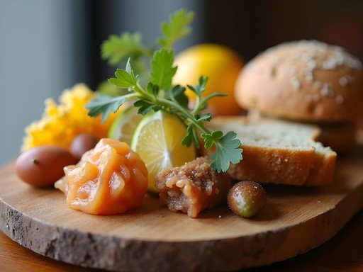 Variety of colorful Australian bush tucker foods on wooden serving board