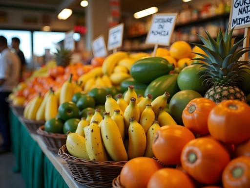 Colorful display of tropical fruits and vegetables at Vicente's Tropical Grocery in Brockton