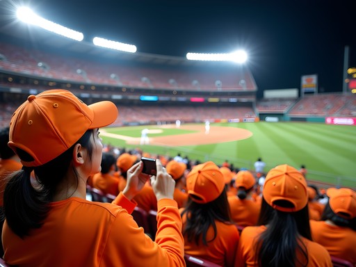 Fans cheering at Lotte Giants baseball game in Busan