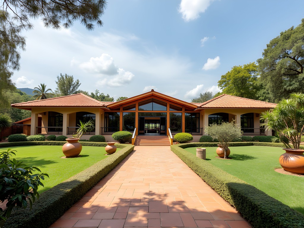 Modernist exterior of Rwanda National Museum in Butare with traditional garden elements