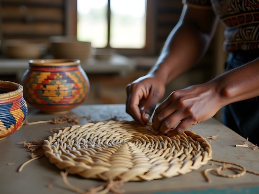 Traditional Rwandan basket weaving workshop with colorful sisal fibers