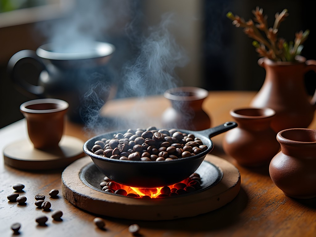 Traditional Rwandan coffee ceremony with beans being roasted over open flame