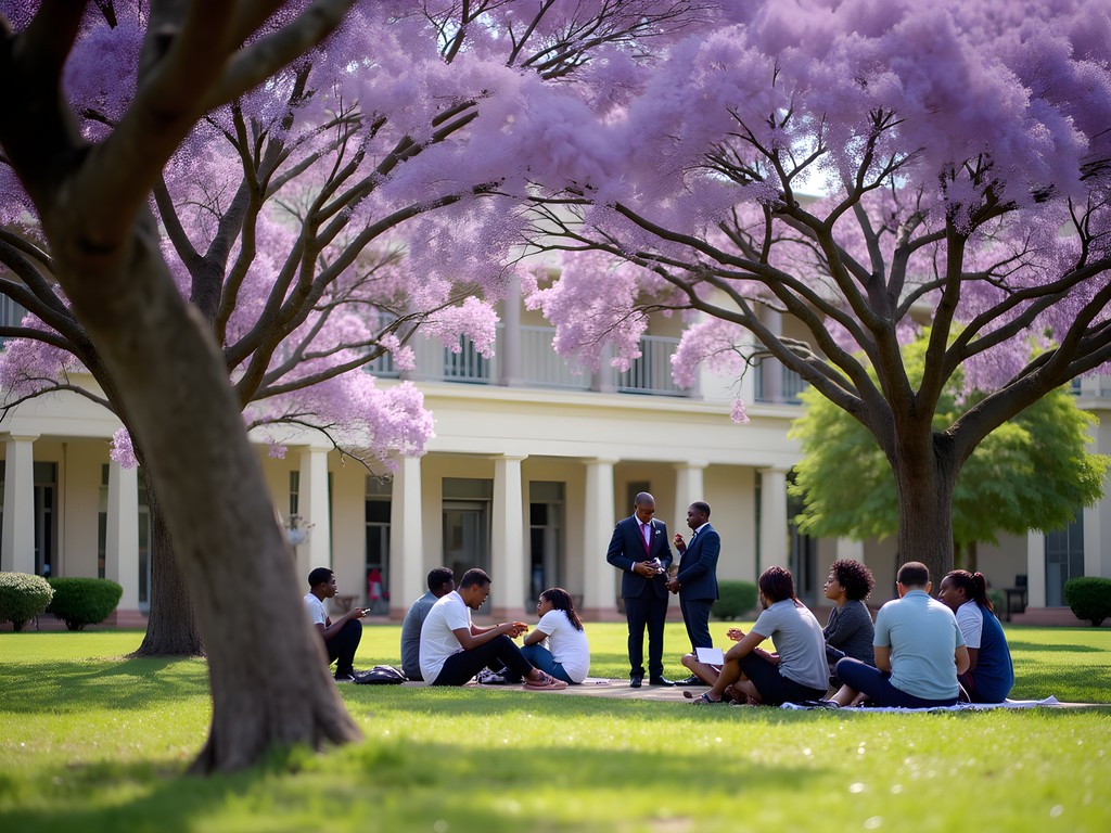 Students gathered under jacaranda trees at University of Rwanda Huye Campus