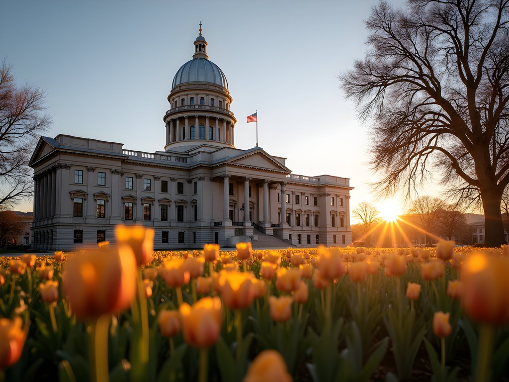 Nevada State Capitol building with silver dome at sunrise in Carson City