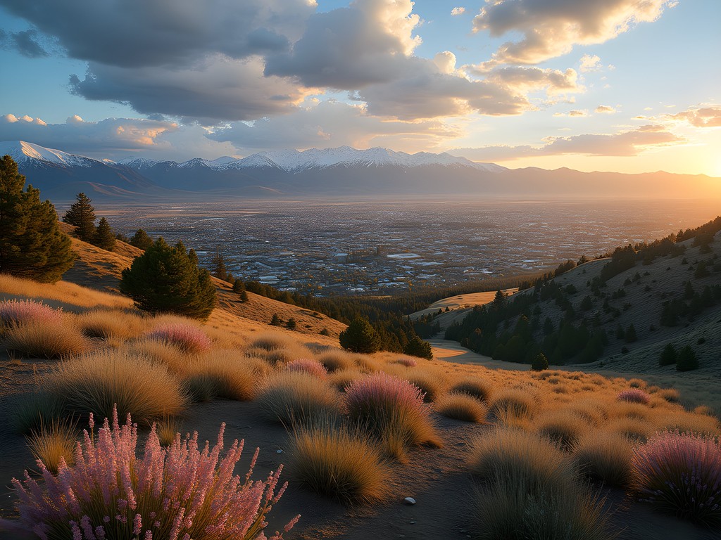 Spring landscape showing Carson City nestled between desert and Sierra Nevada mountains