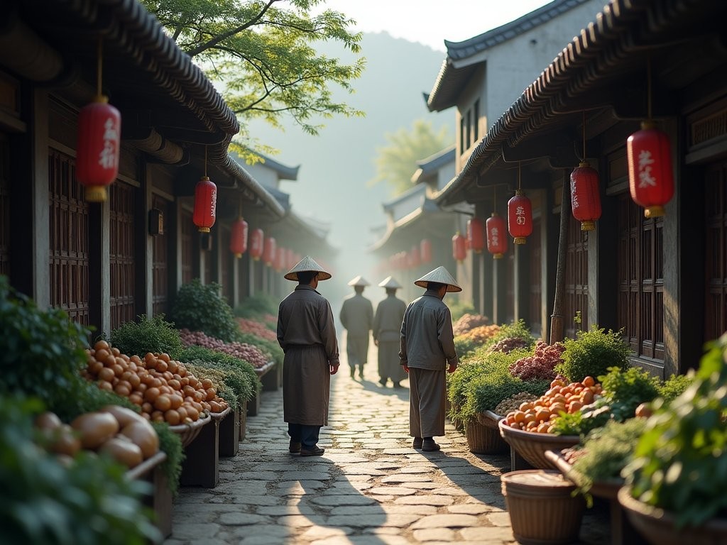 Traditional morning market in Huanglongxi Ancient Town with local farmers selling produce along stone-paved streets