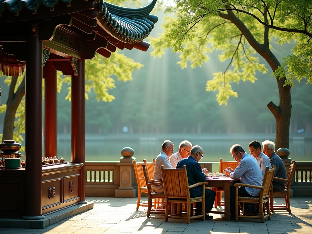 Traditional bamboo-shaded teahouse in People's Park Chengdu with locals playing mahjong