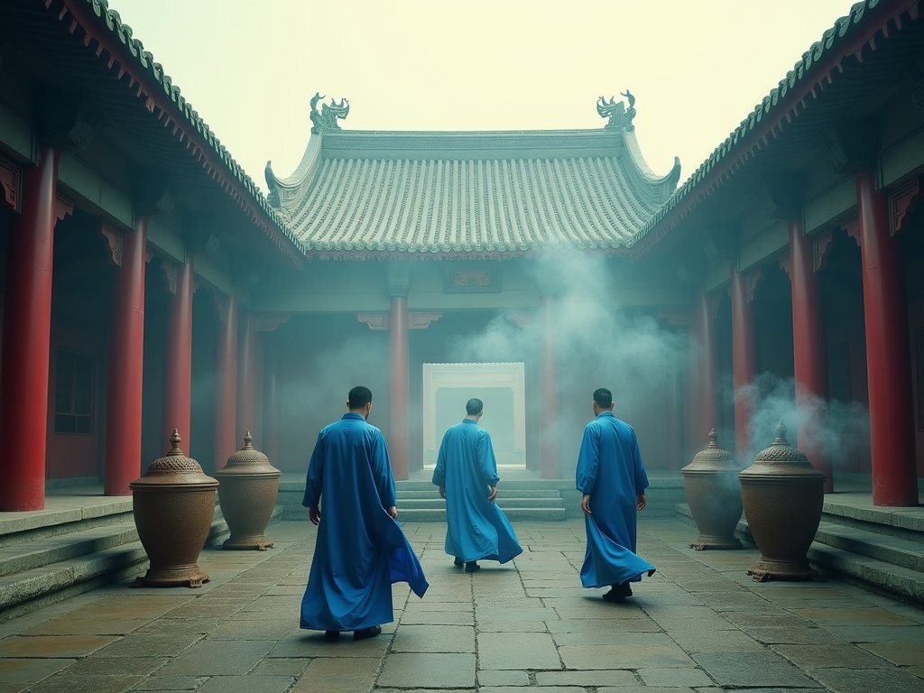 Misty morning at Qingyang Taoist Temple with priests performing ancient rituals in traditional robes