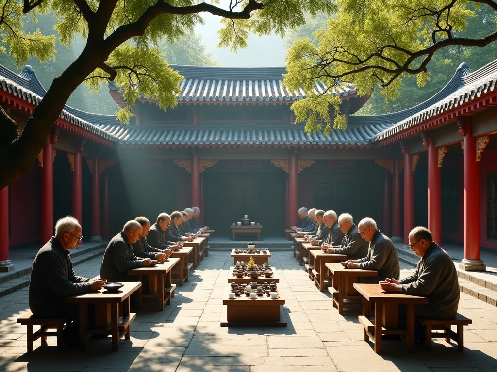 Traditional Chinese tea ceremony in the courtyard of Wenshu Monastery with ancient architecture
