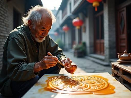 Traditional Chinese craftsman creating intricate sugar art in the historic Wide and Narrow Alleys of Chengdu