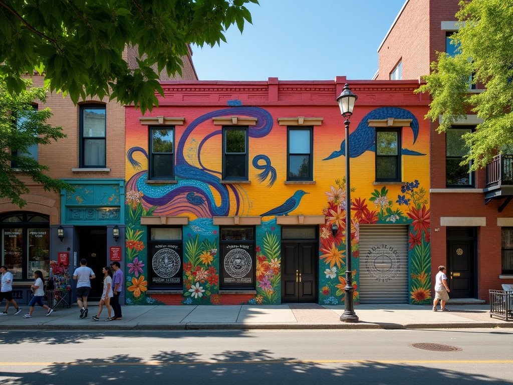 Colorful Mexican heritage murals on buildings in Pilsen neighborhood of Chicago