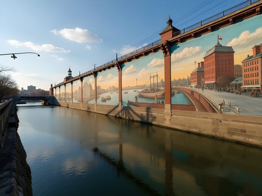 Robert Dafford floodwall mural depicting Cincinnati and Covington history along Ohio River