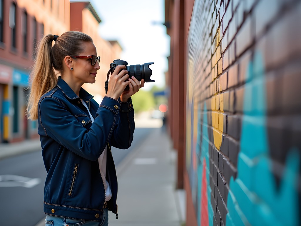 Woman photographing colorful street murals in Covington Kentucky arts district