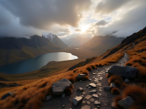 Trail running path through Cajas National Park near Cuenca