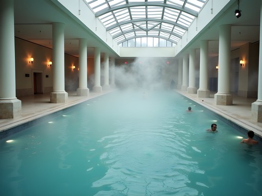 Interior view of Aquaticum's main thermal bath hall with multiple pools