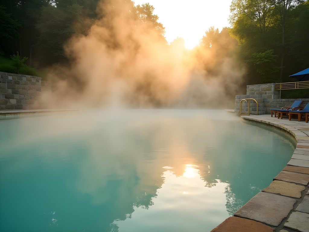 Steam rising from mineral-rich thermal pools at Aquaticum Debrecen