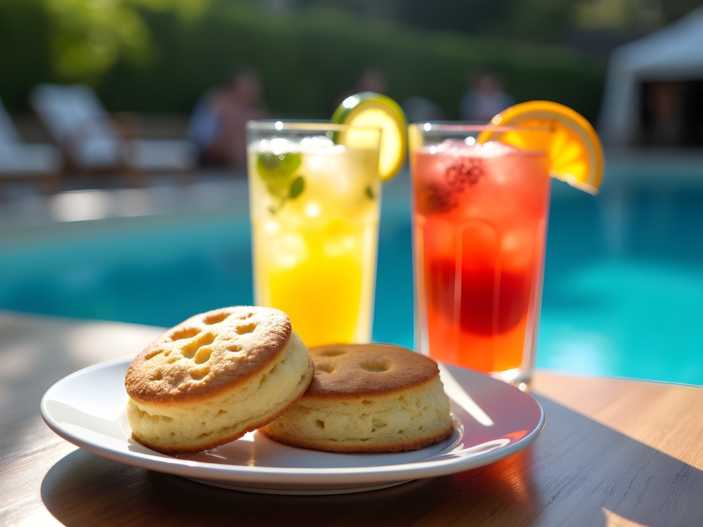 Traditional túrós pogácsa cheese scones and fruit spritzers at Aquaticum café