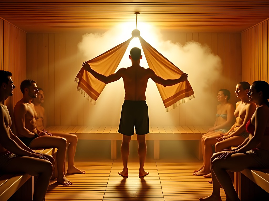 Sauna master performing traditional towel-waving ceremony at Aquaticum