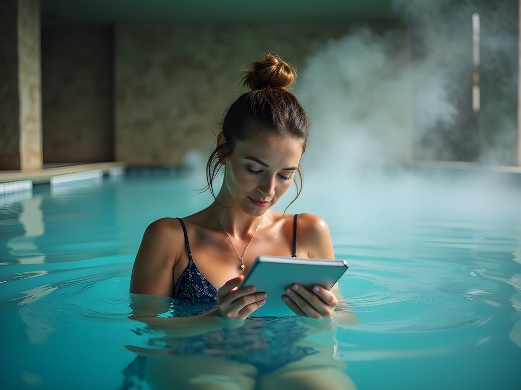 Taylor Hassan relaxing in Debrecen thermal waters while taking notes