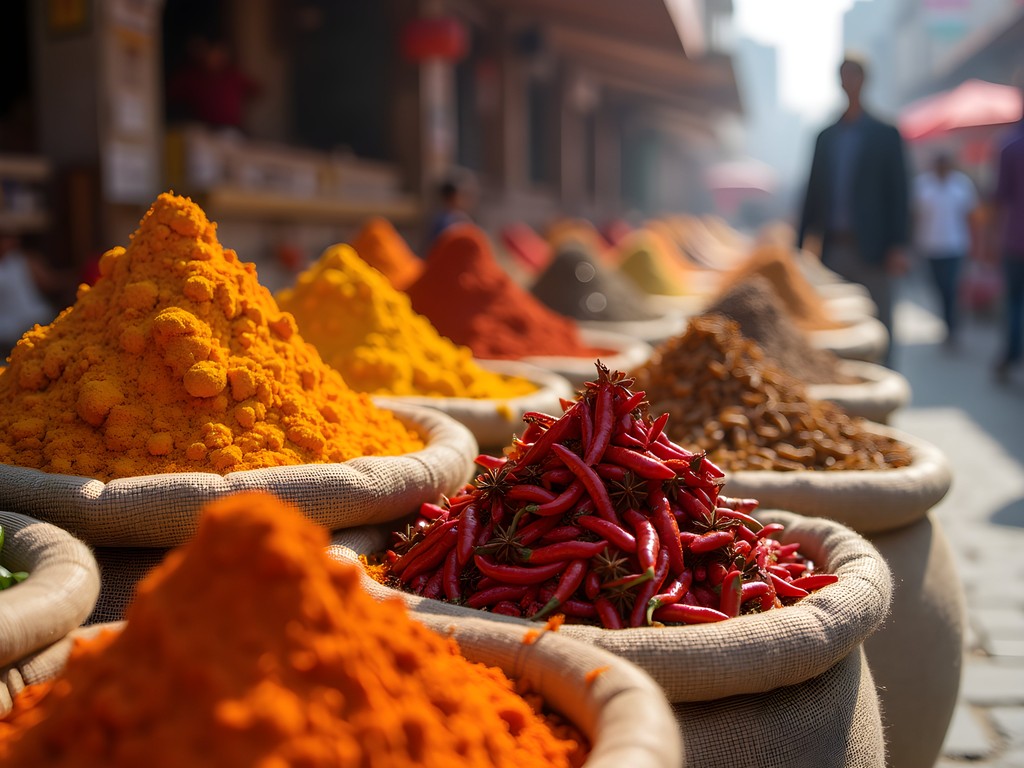 Vibrant mountains of colorful spices at Khari Baoli spice market in Old Delhi