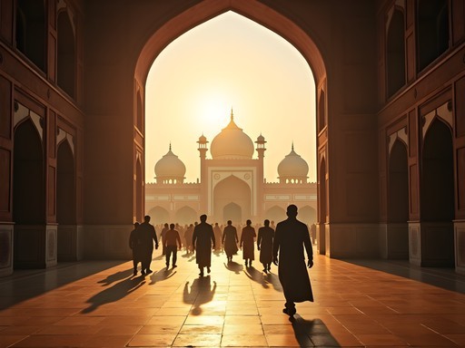 Jama Masjid mosque at dawn with early morning worshippers