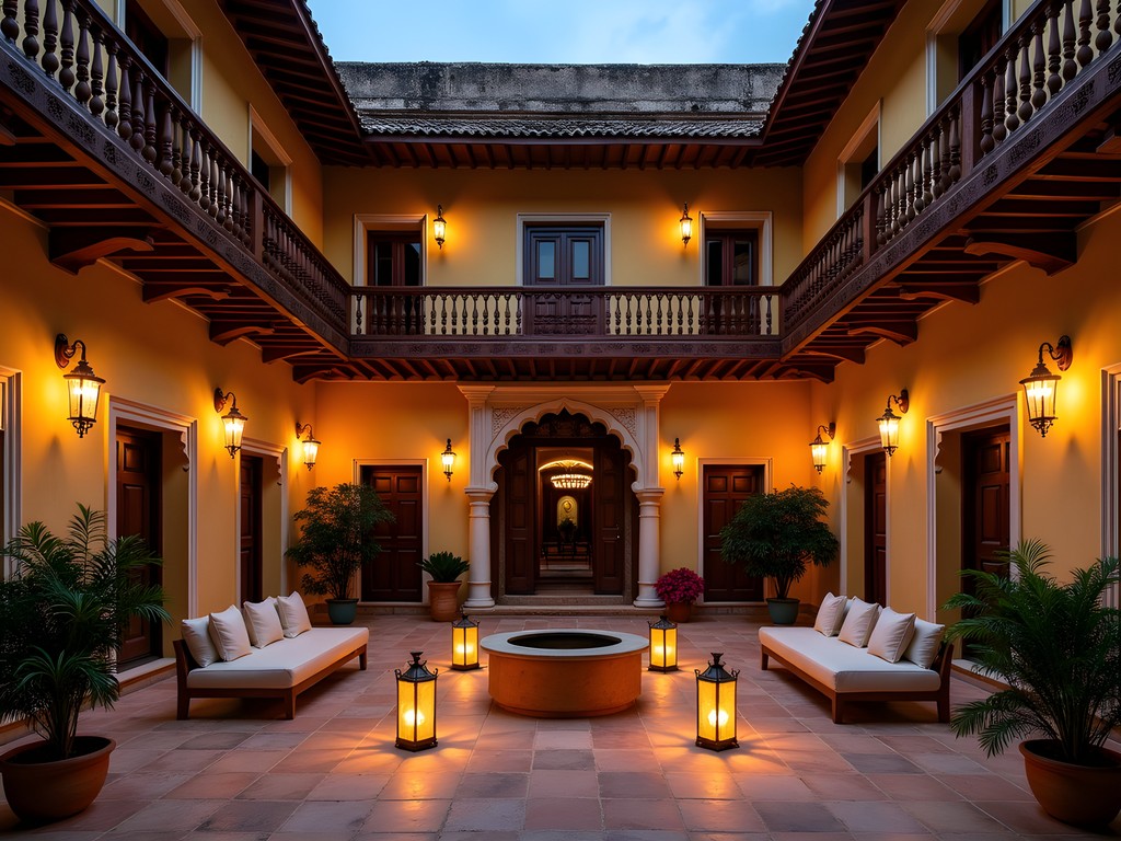 Traditional haveli courtyard in Old Delhi at dusk with atmospheric lighting