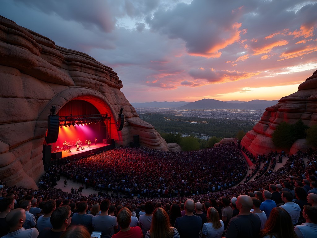 Red Rocks Amphitheatre concert during autumn sunset with dramatic sky
