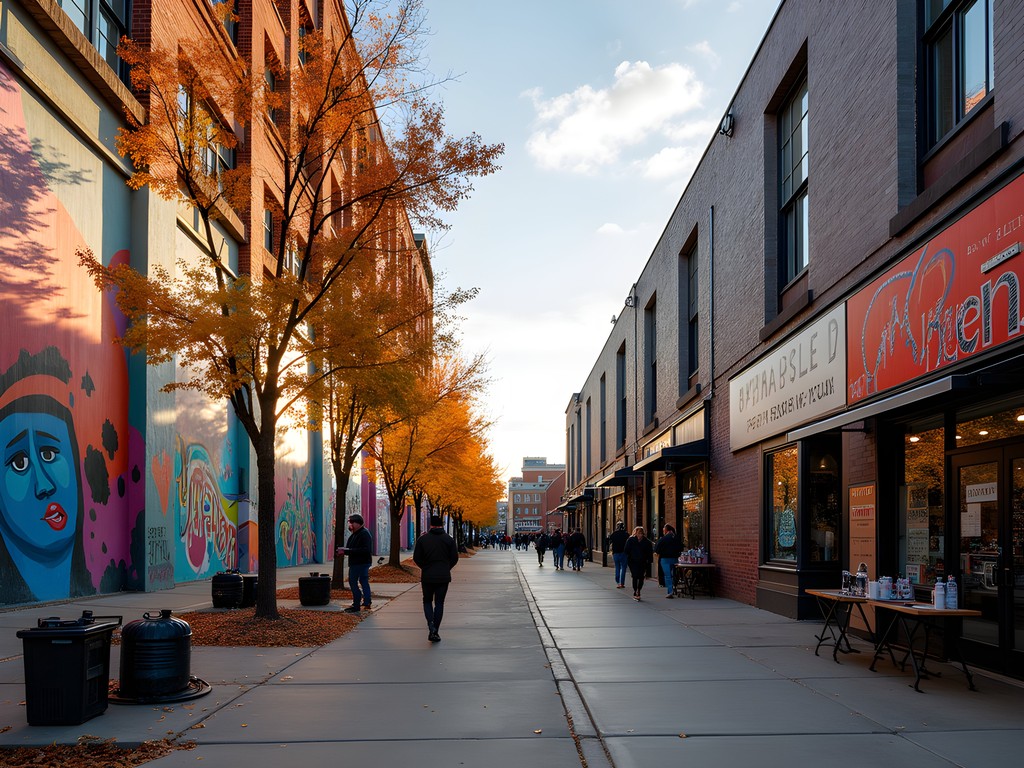 Vibrant street murals in Denver's RiNo Art District with fall colors