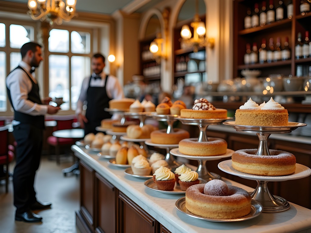 Traditional Viennese café with elaborate pastry display and coffee service