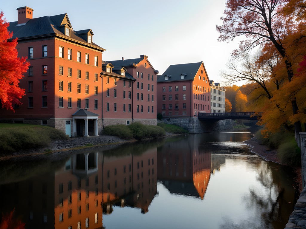 Historic mills along the Cocheco River in Dover, New Hampshire during fall