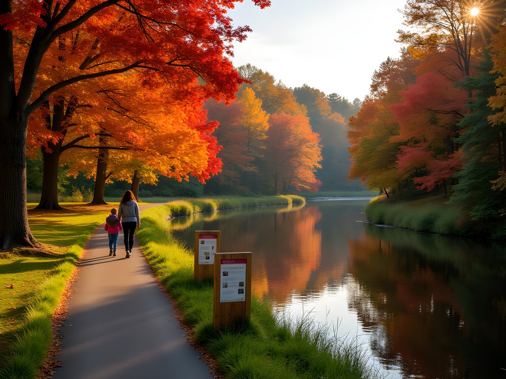 Family exploring Cocheco River Walk trail surrounded by brilliant fall foliage in Dover