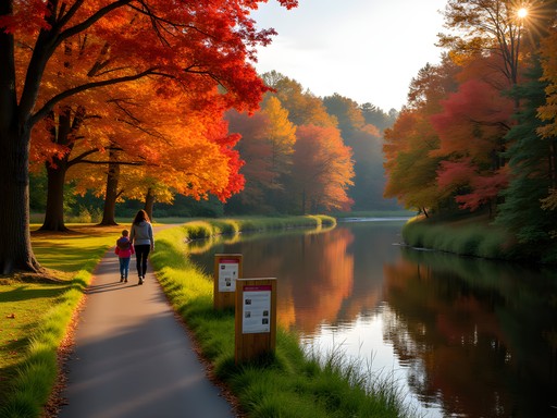 Family exploring Cocheco River Walk trail surrounded by brilliant fall foliage in Dover
