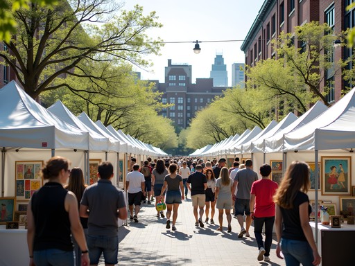 Diverse crowd browsing artist booths at spring arts festival in Durham Central Park