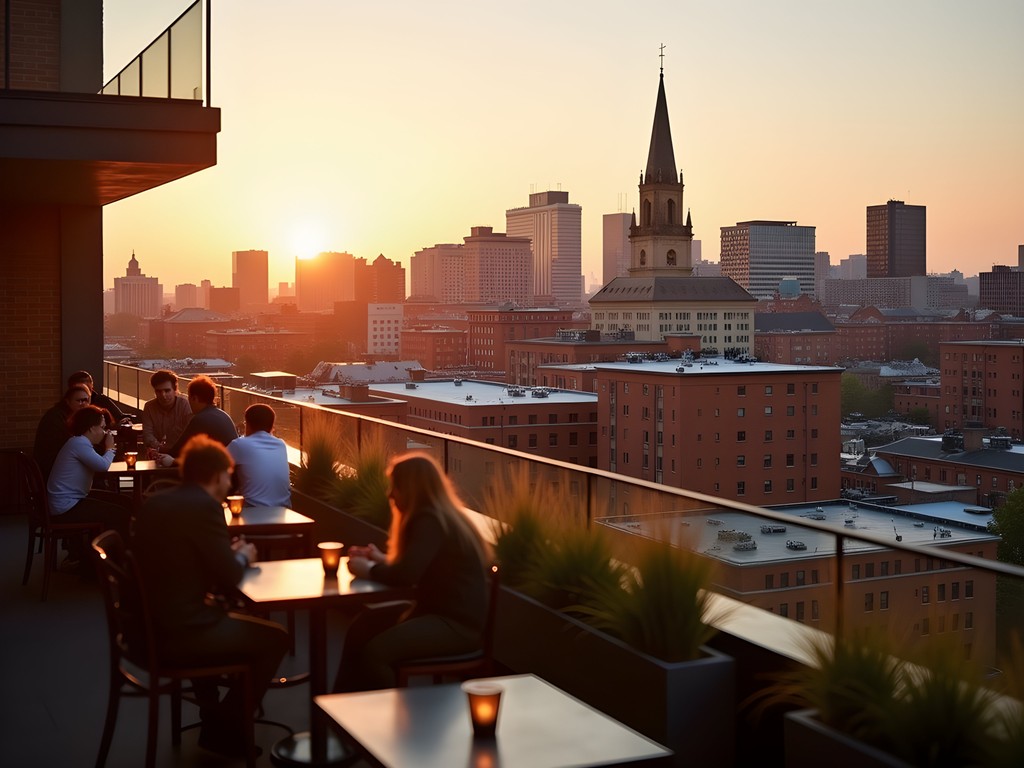 Sunset view from Durham Hotel rooftop bar overlooking downtown Durham skyline with historic and modern buildings