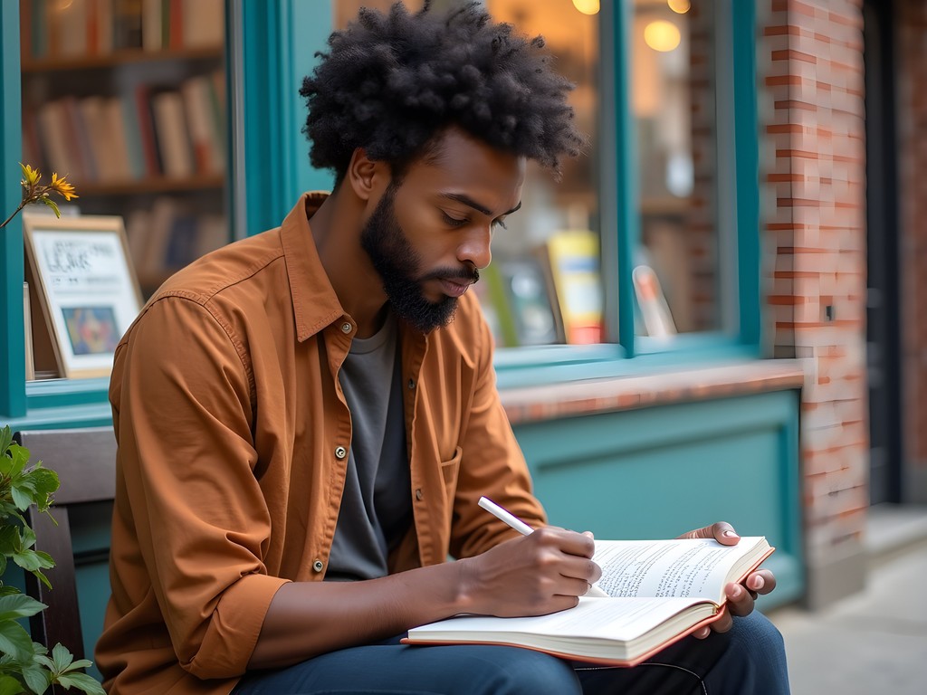Artist sketching colorful independent bookstore storefront on Durham's Ninth Street district