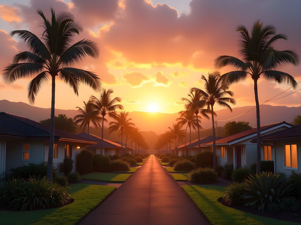Sunrise over Ewa Gentry community with palm trees and local homes
