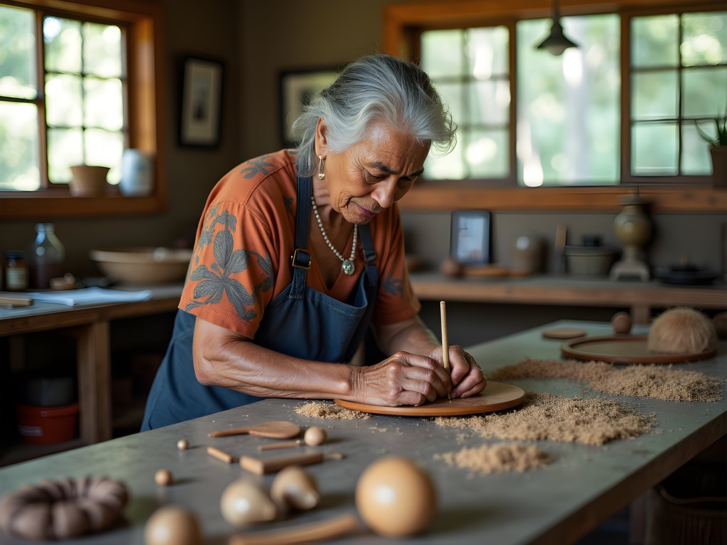 Hawaiian artisan in Ewa Gentry working with traditional materials in home workshop