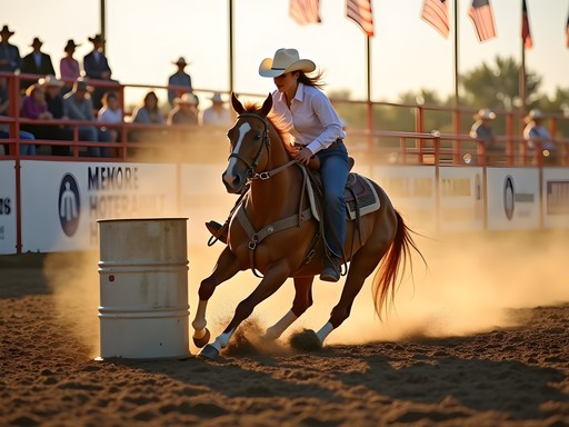 Barrel racing competition at Fremont's Days of '47 Rodeo with spectators
