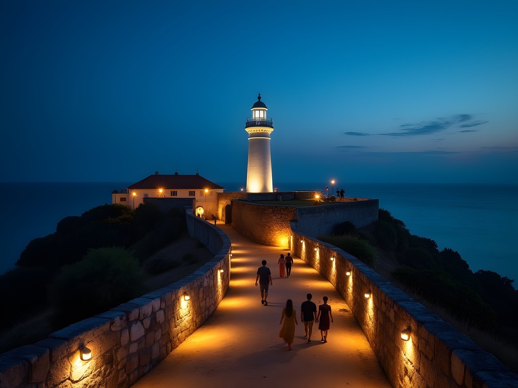 Galle Fort lighthouse illuminated at dusk with locals and visitors strolling along the historic ramparts