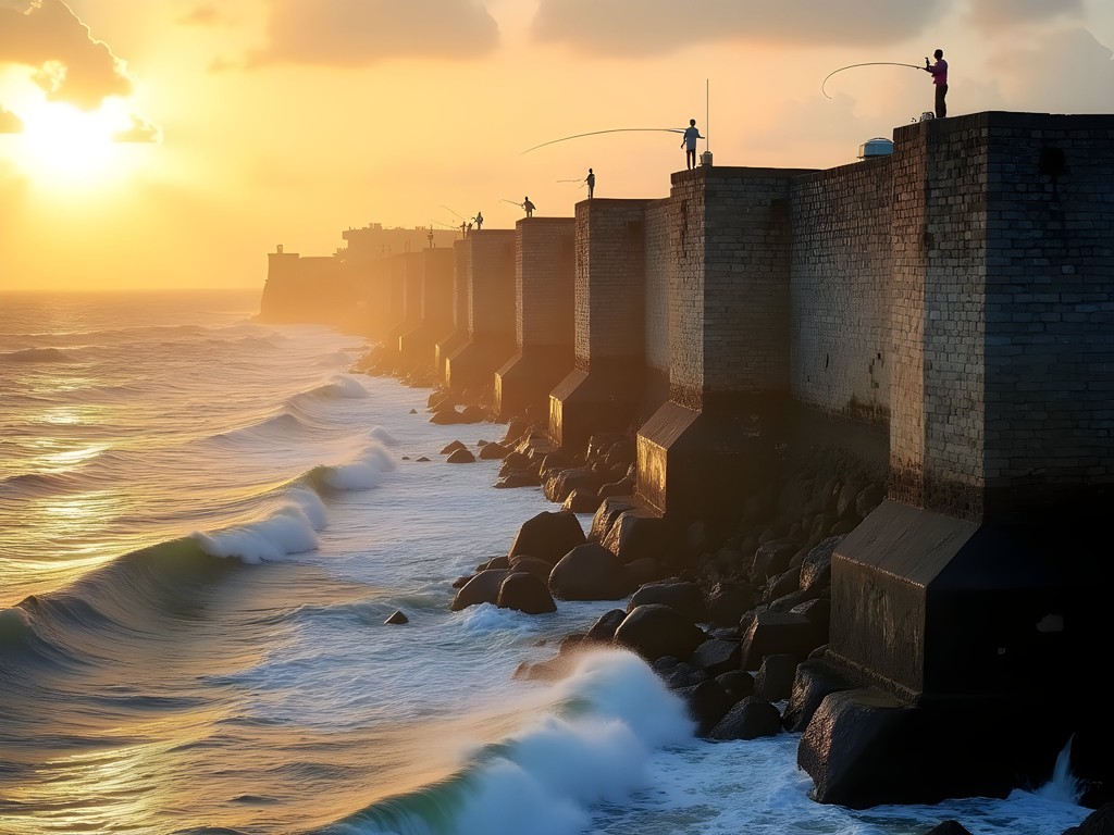 Sun rising over the ancient stone ramparts of Galle Fort with Indian Ocean waves crashing below