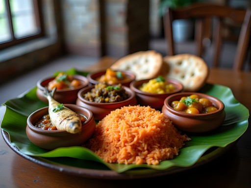 Traditional Sri Lankan rice and curry spread served on banana leaf in Galle Fort restaurant
